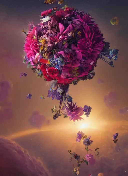 Image similar to An epic fantastic realism comic book style painting of the most beautiful flowers launched into space, bouquets, fisheye lens, unreal 5, DAZ, hyperrealistic, octane render, dynamic lighting