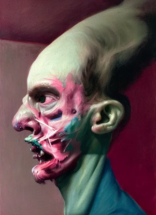 Prompt: he dreams of all the battles won, but fate had left its scars upon his face, depth of field, hauntingly surreal, highly detailed oil painting, by francis bacon, edward hopper, adrian ghenie, glenn brown, green, pink and blue colours, soft light, 8 k hd, cinematic composition, cinematic lighting