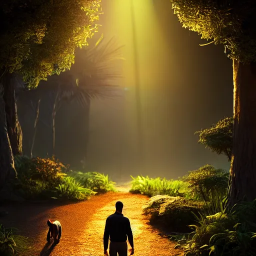 Image similar to photo of a man walking a tiger like a dog ultra realistic, lens flare, atmosphere, glow, detailed, intricate, full of colour, cinematic lighting, trending on artstation, 4 k, hyperrealistic, focused, extreme details, unreal engine 5, cinematic, masterpiece, ultra realistic, hyper realistic, highly detailed, sharp focus, digital art