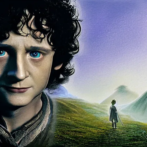 Image similar to frodo baggins in the shire In the style of moebius, detailed 4k photograph