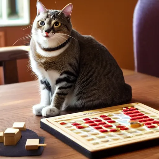 Prompt: a cat sitting in a chair at a table with a deluxe Scrabble board