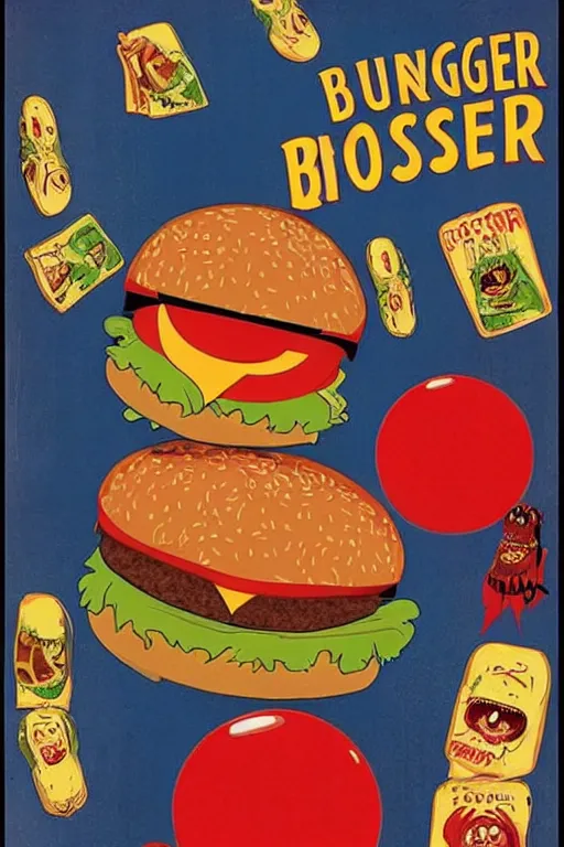 Prompt: burger monster, vintage kids horror movie poster