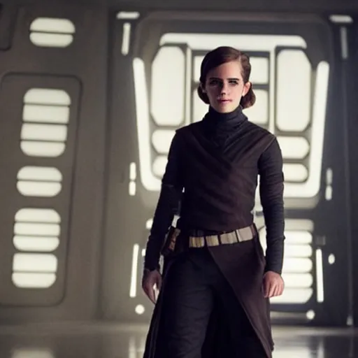 Prompt: A still of Emma Watson in Star Wars movie as Leia