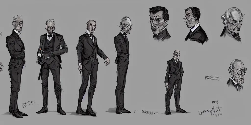 Image similar to alfred pennyworth, character sheet, concept design, contrast, kim jung gi, greg rutkowski, zabrocki, karlkka, jayison devadas, trending on artstation, 8 k, ultra wide angle, pincushion lens effect