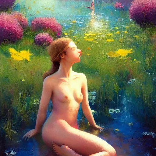 Image similar to A highly artistic and interesting painting of a girl looking at a landscape of flowers and water:3', 'by Craig Mullins and Paul Ranson, featured on ArtStation, trending on ArtStation, cgsociety, trending on 500px, deviantart