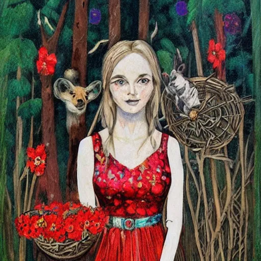 Prompt: In the art installation Vasilisa can be seen standing in the forest, surrounded by animals. She is holding a basket of flowers in one hand and a spindle in the other. Her face is turned towards the viewer, with a gentle expression. In the background, the forest is depicted as a dark and mysterious place. red by Richard Burlet, by Siya Oum decorative