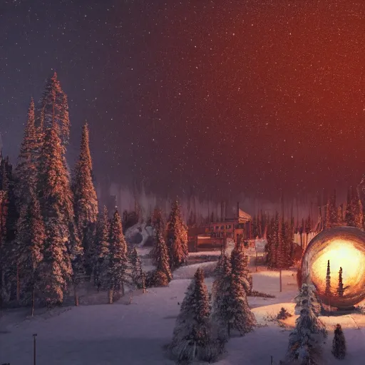 Prompt: a bright glowing sphere picturing a burning medieval city, above treetops of a winter forest, storybook illustration, octane render, detailed painting, by katherine federer, anthony pafford, harry gamboa and tracy flickinger