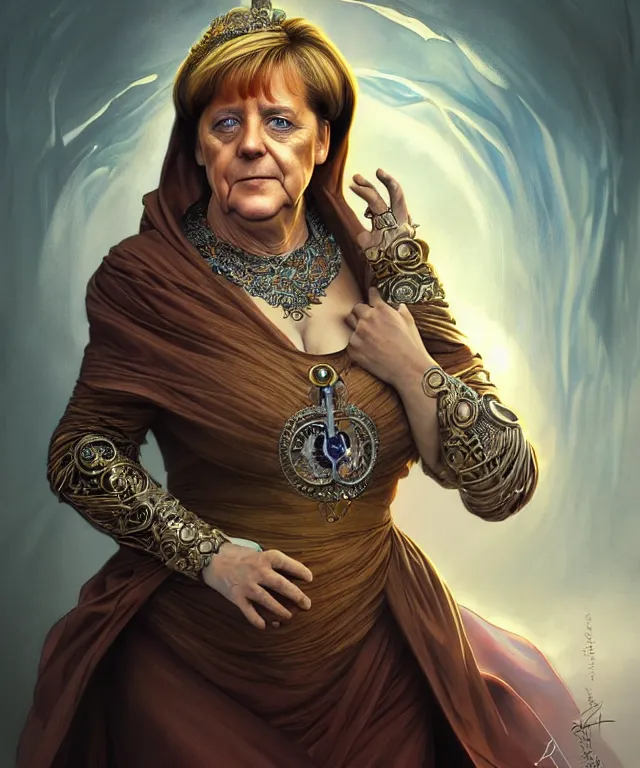 Image similar to Angela Merkel as a fantasy magic woman portrait, sci-fi, amber eyes, face, long hair, fantasy, intricate, elegant, highly detailed, digital painting, artstation, concept art, smooth, sharp focus, illustration, art by artgerm and greg rutkowski and alphonse mucha