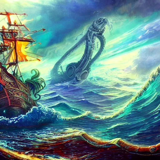 Image similar to mystical ship with kraken pulling it underwater, beautiful composition, wide angle, colorful, cinematic, volumetric lighting, intricate details painting