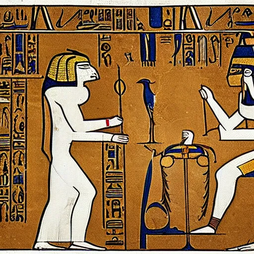 Image similar to ancient egyptian art of set working on a computer