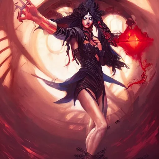 Prompt: a beautiful artwork of a dark sorceress performing magic, by raymond swanland and jesper ejsing, featured on art station