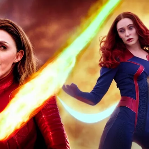 Image similar to human scarlet witch killing thanos with her red magic, hyper realistic