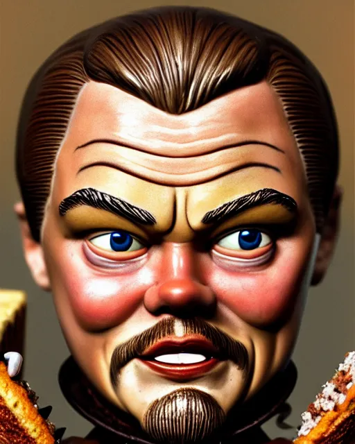 Image similar to highly detailed closeup, face profile portrait of a tin toy leonardo dicaprio as a medieval goblin eating cakes in a castle, hyper realistic, artstation, illustration, nicoletta ceccoli, mark ryden, lostfish, dan decarlo, bob clampett, max fleischer, digital paint, matte paint, vivid colors, detailed and intricate environment