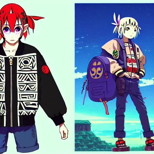 Image similar to majora majora's mask wearing oversized mayan bomber jacket with overalls, bulky poofy bomber jacket with mayan patterns, aztec street fashion, genshin impact art style, gapmoe yandere grimdark, trending on pixiv fanbox, painted by greg rutkowski makoto shinkai takashi takeuchi studio ghibli, akihiko yoshida