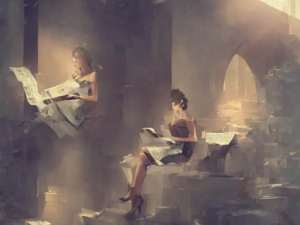 Image similar to seductive goddes reading newspaper in modern city in the style of Durand and greg rutkowski, beautiful, geometric, trending on artstation, cinematic