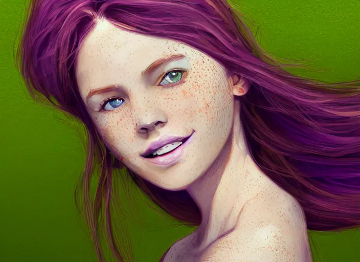 Prompt: portrait of a beautiful smiling girl with orange hair and freckles, green eyes, highly detailed, digital painting, concept art, smooth, sharp, focus, background is purple, trending on deviantart, by Jacqueline E