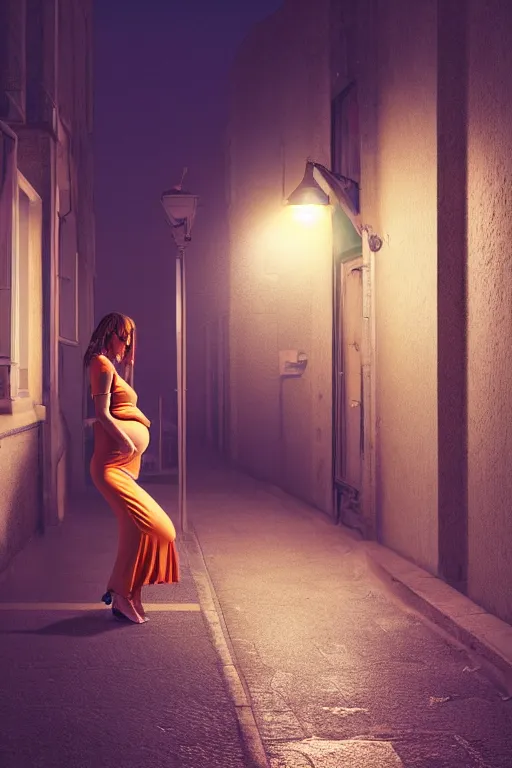 Image similar to pregnant woman under street light, highly detailed, sharp focused, ultra realistic digital concept art, cinematic shot, 4k.