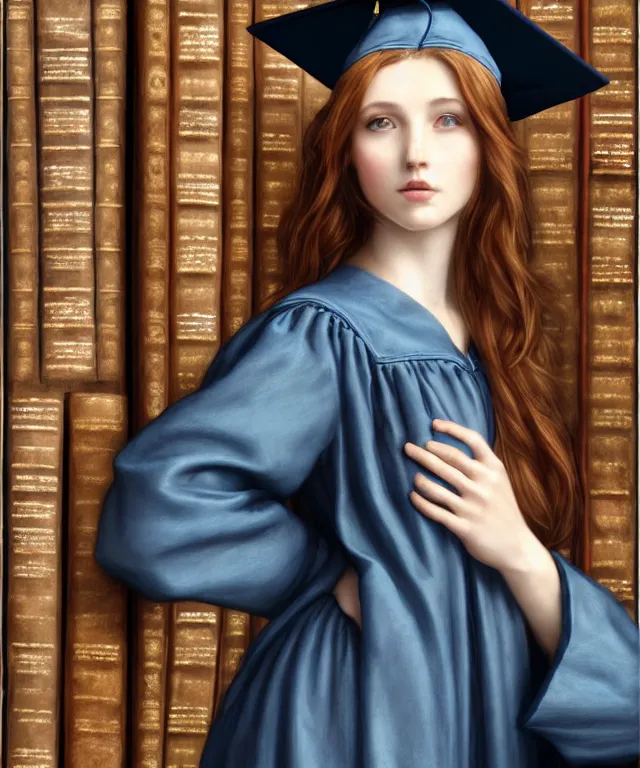 Prompt: cute female scholar wearing graduation cap in beautiful ancient library by charlie bowater and titian and artgerm, portrait, intricate, face, bookshelves, ginger hair, grey eyes, dust, elegant, blue mist, highly detailed, dramatic lighting, sharp focus, trending on artstation, artstationhd, artstationhq, unreal engine, 4 k, 8 k