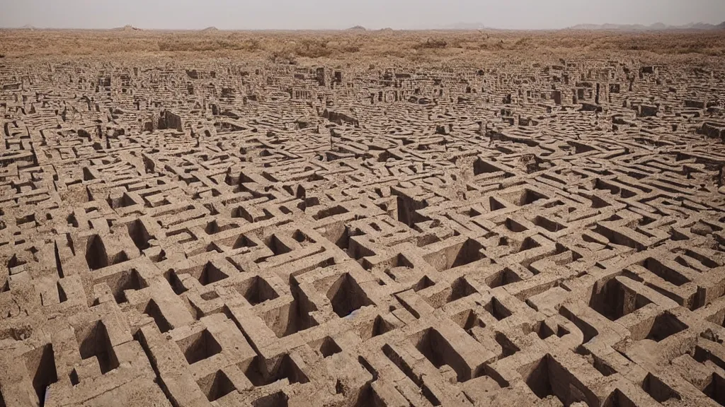 Prompt: ancient ruins of a giant maze in the desert, photography by zhang kechun