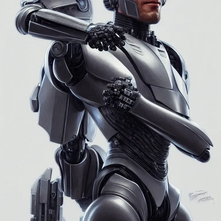 Image similar to portrait of robocop, elegant, real life skin, intricate artwork, high detailed, artstation, concept art, smooth, sharp focus, art by artgerm and greg rutkowski @ ruprechy