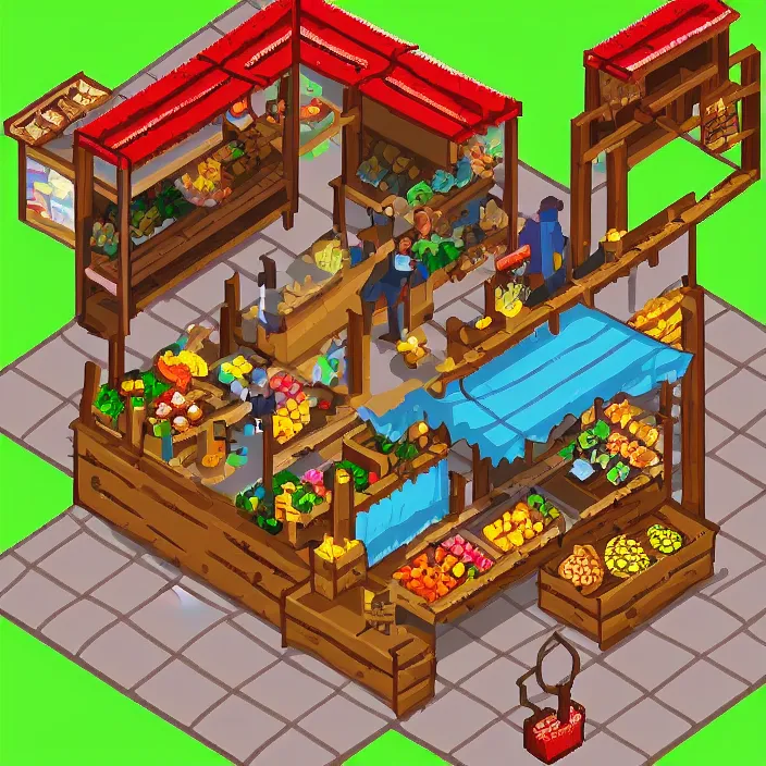 Image similar to isometric pixel art of a small medieval market stall selling fruits