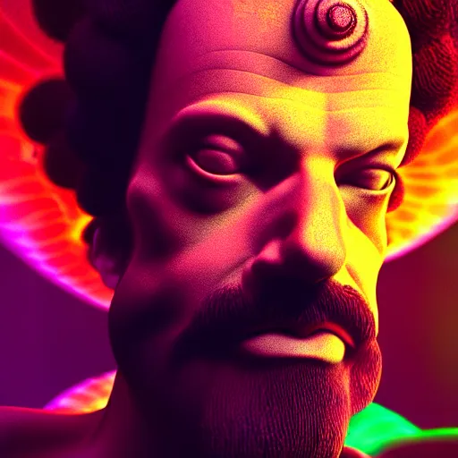 Image similar to terence McKenna posing seductively with psychedelic mushrooms, psychedelic, fractal, cinematic lighting, dramatic, octane render, full body, trending on artstation, perfect facial symmetry, bokeh, 8k, intricate, hyper detailed