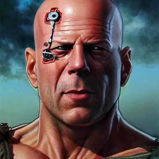 Image similar to bruce willis as sagat from street fighter, wearing an eye patch, 4 k, ultra realistic, detailed focused art by artgerm and greg rutkowski and alphonse mucha