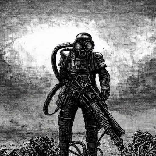 Image similar to Fallout, soldier with a gasmask, dark clouds, fire, burning, dark, eerie, dystopian, city, eldritch, illustration by Gustave Doré