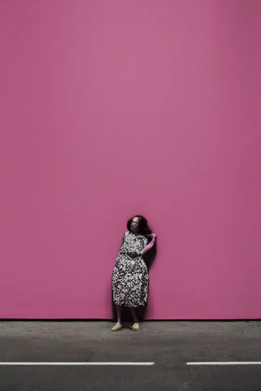 Image similar to a surreal portrait of a woman stuck in a pink wall in the style of brooke didonato, editorial fashion photography from vogue magazine, full shot, nikon d 8 1 0, ƒ / 2. 5, focal length : 8 5. 0 mm, exposure time : 1 / 8 0 0, iso : 2 0 0