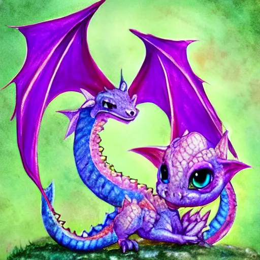 Image similar to adorable baby dragon, the dragon is purple and glittery, fantasy concept art, pastels, ethereal fairytale, watercolor kawaii