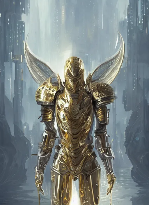 Image similar to knight with angel vibe in heavy gold and white armor, full body silhouette. dark water, tentacles, cyberpunk pearl armor, futuristic fantasy, highly detailed, digital painting, trending on artstation, concept art, sharp focus, illustration, art by artgerm and nixeu and greg rutkowski and magali villeneuve.