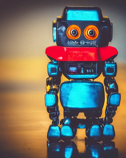 Image similar to high quality presentation photo of a retro toy robot, photography 4k, f1.8 anamorphic, bokeh, 4k, Canon, Nikon