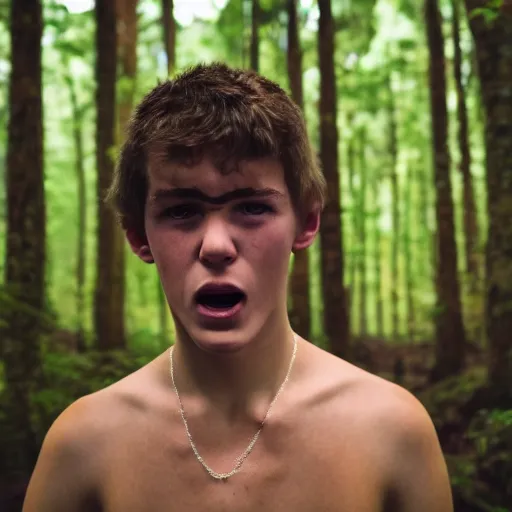 Image similar to macro face shot, teenage boy, around 1 9 years old with necklace, natural brown hair, loincloth, pale skin, detailed face. screaming in ominous and eerie looking forest. natural colors. realistic photo.