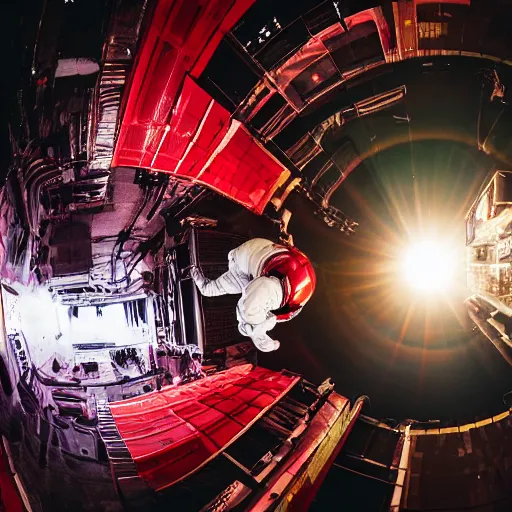 Image similar to color photo of fit man going in spacesuit in cyberpunk city in red and white light from ground level fisheye, cyberpunk, hyper detailed, old camera - H 1280 - 720