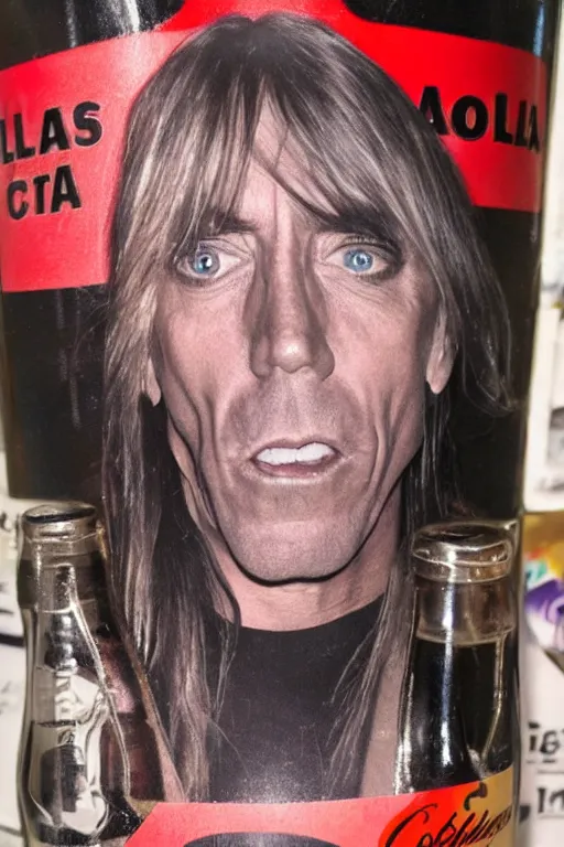 Image similar to a bottle of cola with iggy pop's face on the label, sitting on a store shelf