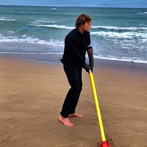 Prompt: “Anakin Skywalker vacuuming the beach to remove sand”