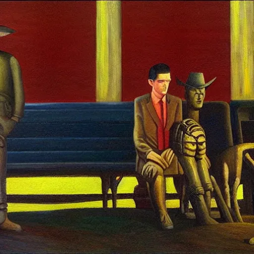 Prompt: buckaroo banzai, grant wood, pj crook, edward hopper, oil on canvas