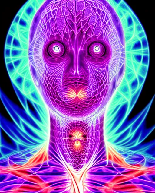 Prompt: alex grey style fractal pattern xray portrait of a glowing alien with space behind them. convergence of a higher mind