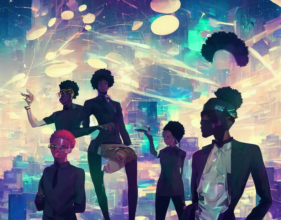 Prompt: afro - afrofuturism - futuristic philanthropists, business attire and money, cryto currency, hacking the financial multiverse | hyperrealistic digital art | by makoto shinkai, ilya kuvshinov, lois van baarle, rossdraws | afrofuturism, in the style of black is beltza, trending on artstation | dark color scheme