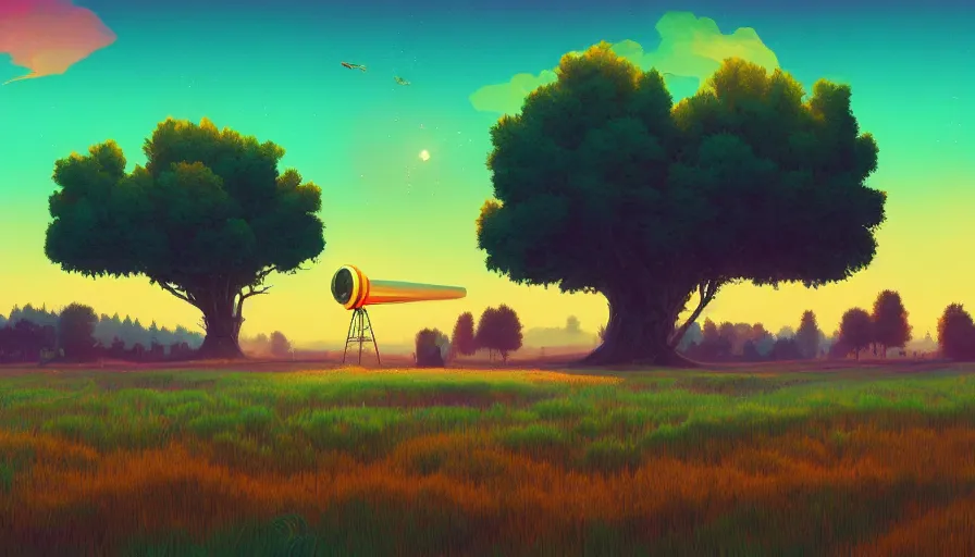 Image similar to colourful sky, wheat field, radio telescope, big trees, matte painting, art station, digital art, simon stalenhag