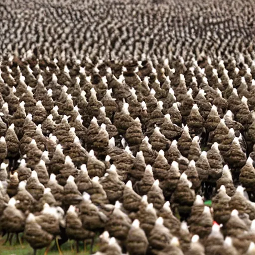 Prompt: an army of chickens in soldier outfits ready to charge