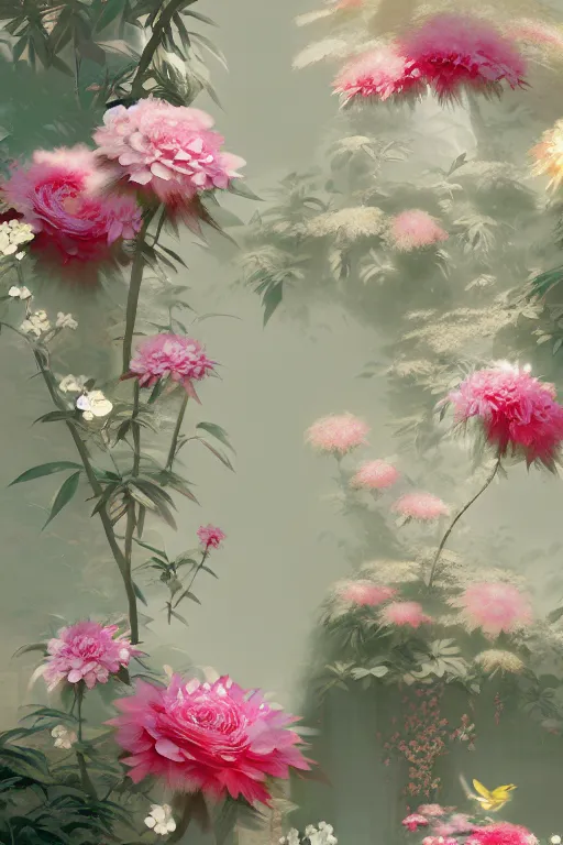 Image similar to Chinoiserie floral wallpaper by Craig Mullins, pixar, double exposure
