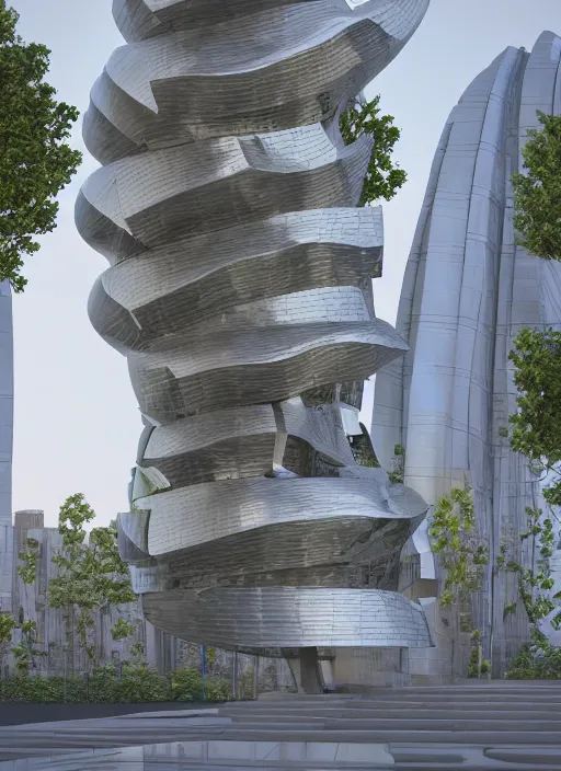 Image similar to highly detailed realistic architecture 3 d render of a futuristic stele monument in frank gehry style standing in city park, archdaily, made in unreal engine 4 octane render