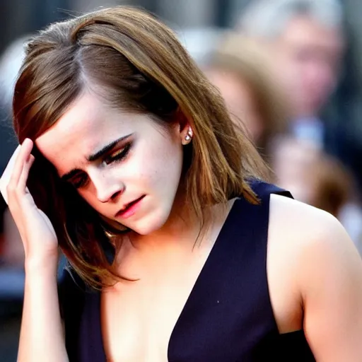 Prompt: emma watson crying with tears on cheeks