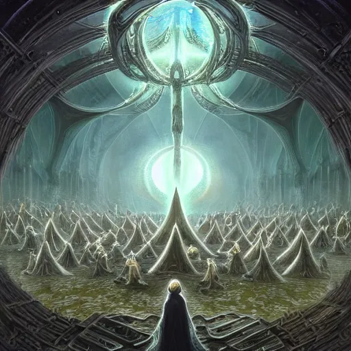 Image similar to a highly advanced quantum computer!!! a dark cabal of multiple hooded elven mystics in long robes gathered in a circular formation around a quantum computer, advanced technology, dan seagrave, michael whelan art, beautifully detailed epic scifi art, symmetrical, cgsociety, artstation