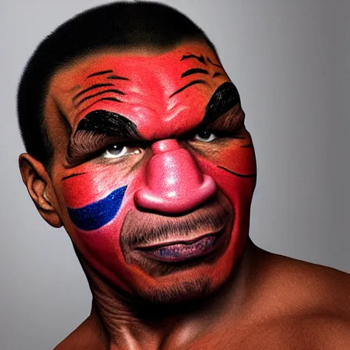 Prompt: UHD photorealistic Mike Tyson wearing a clown costume with real clown makeup by Miguel Vasquez