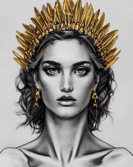 Prompt: front view of beautiful super model aphrodite greek goddess wearing a gold laurel wreath and triangle earrings, realism tattoo sketch, beautiful piercing gaze with sharp pupils, beautiful blonde hair, in the style of greg rutkowski, fantasy, amazing detail, epic, elegant, smooth, sharp focus