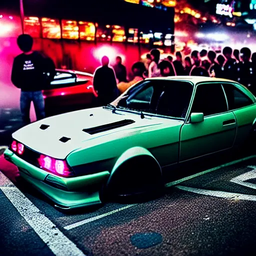 Prompt: a car S30 turbo drift at illegal car meet, shibuya prefecture, midnight mist streetlights, color grade, photorealistic, highly detailed wheels, highly detailed