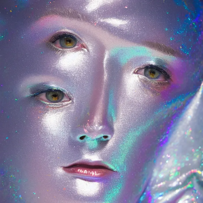 Prompt: closeup portrait of a woman wrapped in iridescent foil, standing in antarctica, color photograph, by vincent desiderio, canon eos c 3 0 0, ƒ 1. 8, 3 5 mm, 8 k, medium - format print