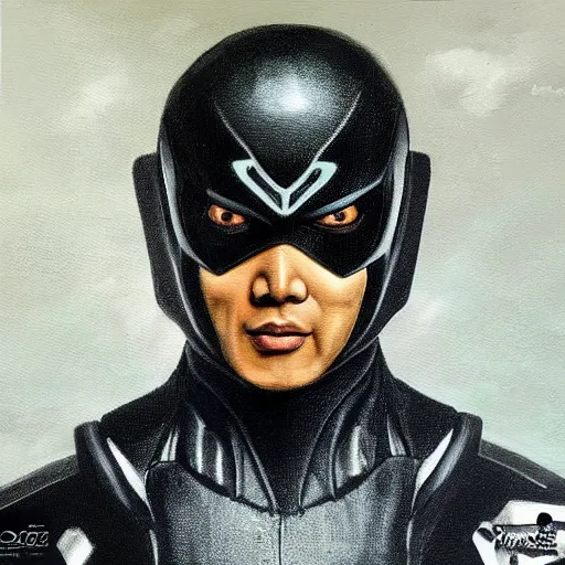 Image similar to a realistic painting by Raffaello Sanzi depicting the Kamen Rider Black with the head of Deddy Corbuzier in the Renaissance,smooth,Sharp focus,high detailed,high resolution,fine art, trending on Artstation.